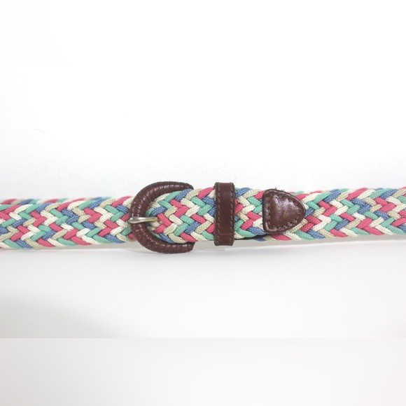 woven cord Belt with Warm Brown Leather Buckle and Tip Pink Green Blue Aqua - Picture 1 of 8